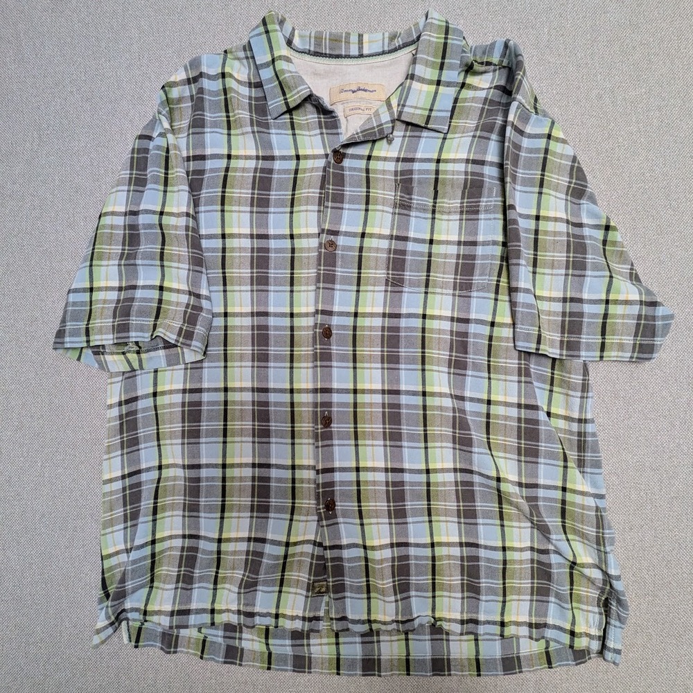 Tommy Bahama Shirt Mens XL Blue Green Plaid 100% Silk Casual Fit Button Twill